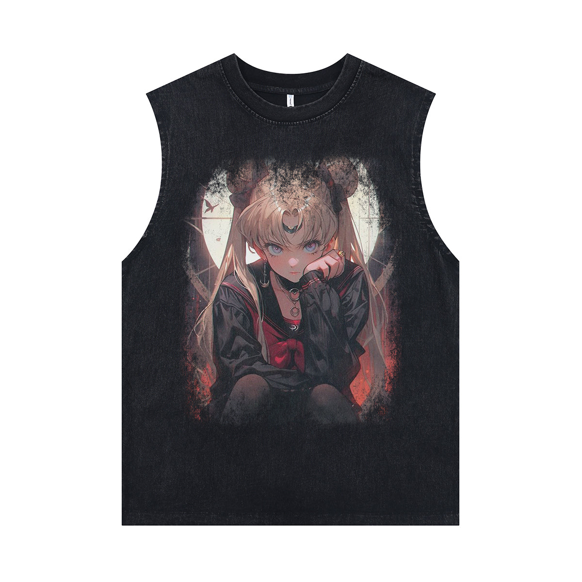 Cute anime girl sleeveless t-shirt vintage Japanese vest retro cartoon tank top in acid wash black