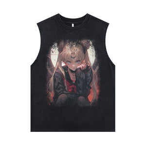 Cute anime girl sleeveless t-shirt vintage Japanese vest retro cartoon tank top in acid wash black