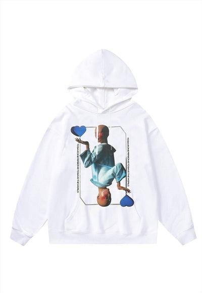 Card print hoodie game pullover premium jumper in white