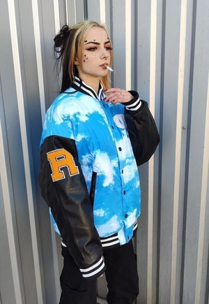 Clouds varsity bomber sky faux leather sleeves jacket blue