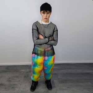 Rainbow faux fur joggers raver pants fluffy psychedelic trousers ski fleece unicorn overalls festival bottoms burning man pants in orange