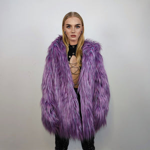 Shaggy faux fur jacket lavender neon bomber rave coat fluffy puffer Taylor Swift fleece luminous festival hood burning man overcoat purple