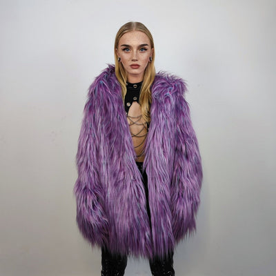 Shaggy faux fur jacket lavender neon bomber rave coat fluffy puffer Taylor Swift fleece luminous festival hood burning man overcoat purple