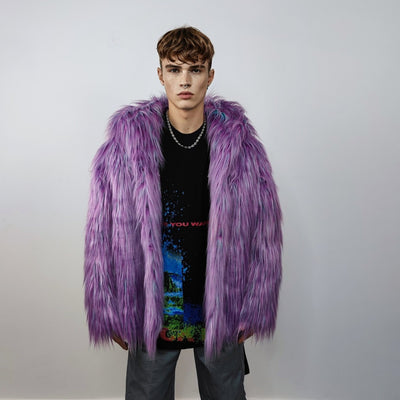 Shaggy faux fur jacket lavender neon bomber rave coat fluffy puffer Taylor Swift fleece luminous festival hood burning man overcoat purple