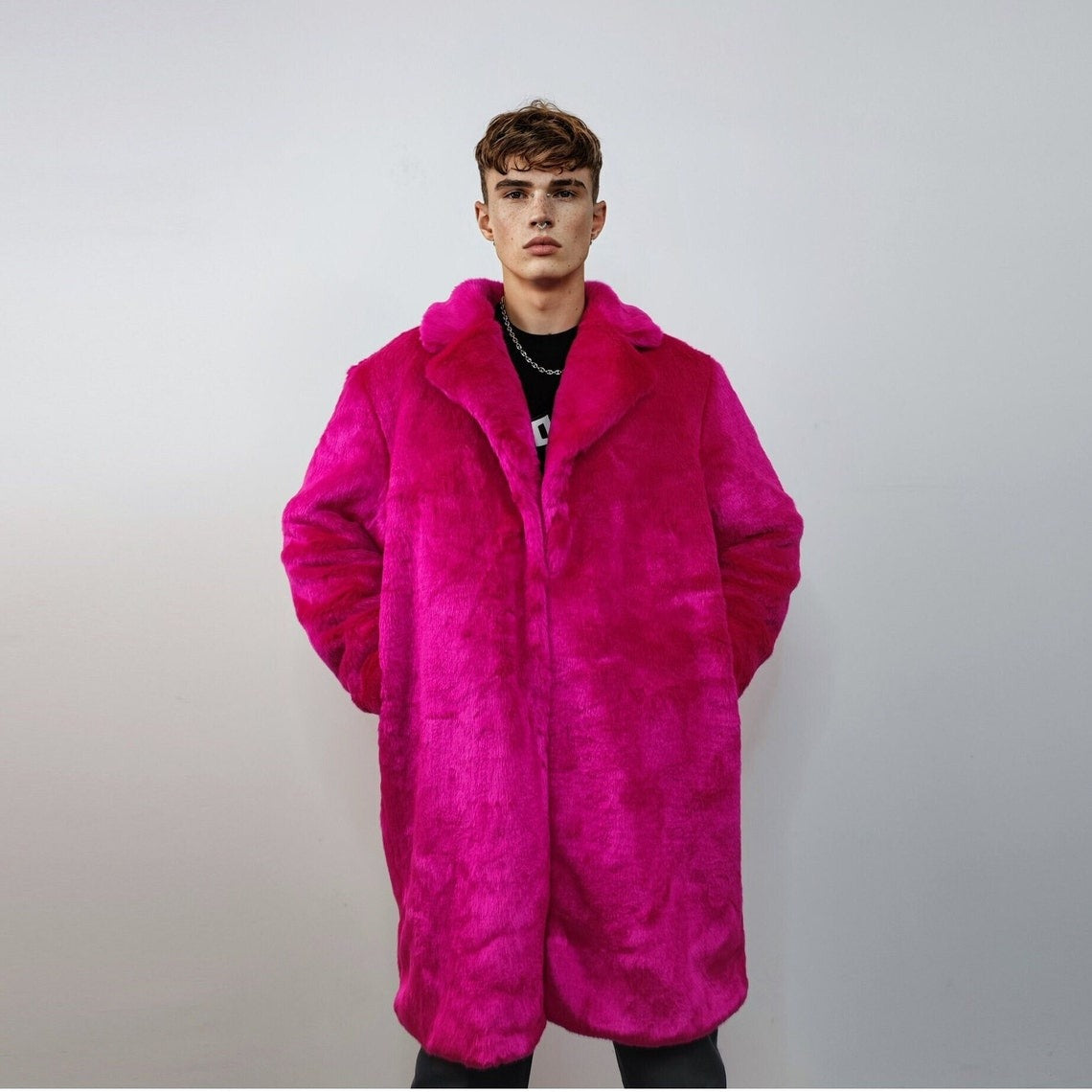 Neon faux fur longline coat shaggy trench bright raver bomber fluffy winter fleece festival jacket burning man coat in fuchsia pink