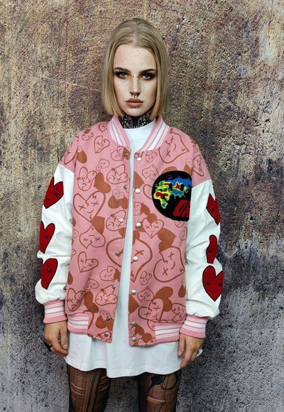 Heart patch varsity jacket faux leather sleeve bomber pink