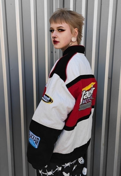 Motorcycle jacket multi patch padded Racer bomber in red