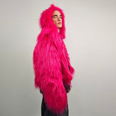 Neon faux fur coat shaggy cropped trench festival short jacket fuzzy overcoat carnival bomber florescent peacoat multifunctional rave fleece