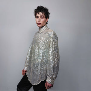 Sequin shirt glitter blouse shiny jumper long sleeve textured top embellished sweat party top button up retro festival top metallic silver