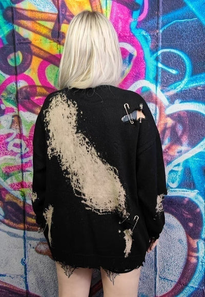 Tie-dye distressed sweater knit ripped top paint splatter bleached jumper metal pin pullover long sleeve rocker top gradient sweater brown