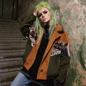 Retro tribal varsity jacket Aztec bomber festival coat native American jacket velvet feel coat catwalk Ethnic pattern patchwork coat green