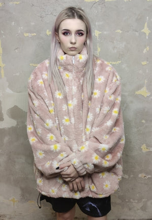 Floral fleece bomber handmade daisy jacket in pastel pink