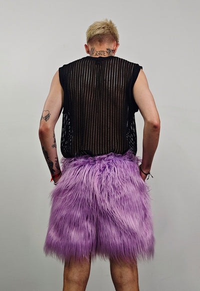 Shaggy fur shorts purple fuzzy cropped festival trousers