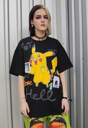 Pikachu tee Pokemon patched animal drop Korean t-shirt black