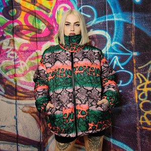 Snake bomber handmade detachable graffiti puffer devil horn jacket tie-dye print python coat reversible jacket in pink green