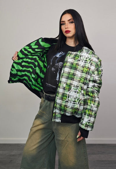 Spider print varsity jacket green checked reversible bomber