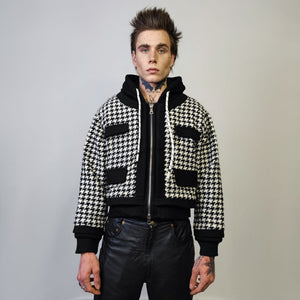 Hounds-tooth cropped jacket woolen dog-tooth bomber crop rocker check coat hooded varsity in black