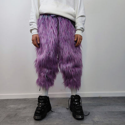 Shaggy faux fur joggers winter raver neon pants fluffy skiing trousers mountain fleece overalls festival bottoms burning man pants in purple