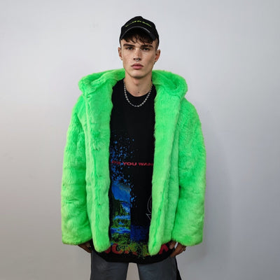 Hooded neon faux fur jacket shaggy coat bright raver bomber fluffy trench winter fleece festival jacket burning man overcoat in green