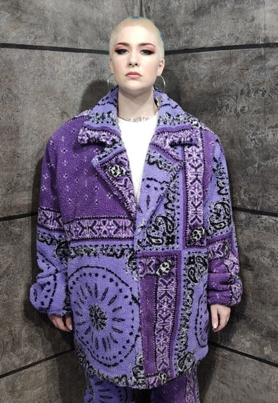 Paisley fleece coat hand made bandanna trench jacket purple