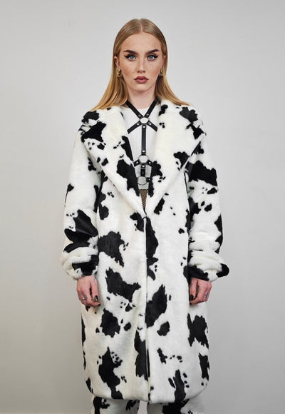 Cow print coat hooded faux fur spot pattern trench animal