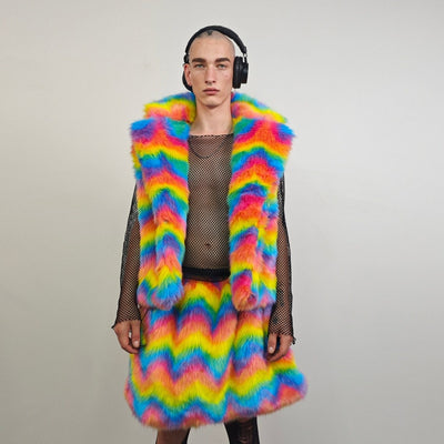 Faux fur skirt rainbow midi fluffy fleece dress unicorn bottoms fluffy carnival skirt elasticated waist skirt burning man luminous skirt