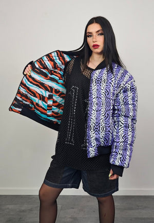 Horizontal stripe varsity jacket zebra reversible bomber