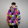 Patch faux fur jacket raised neck coat bright raver bomber fluffy rainbow fleece bright festival track jacket burning man overcoat pink grey