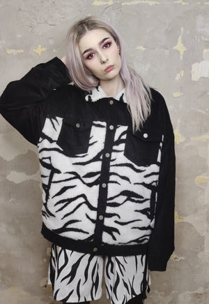 Reworked animal print jacket zebra fleece patch bomber black