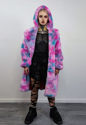 Tie-dye pink fleece gradient coat long fluffy hooded trench