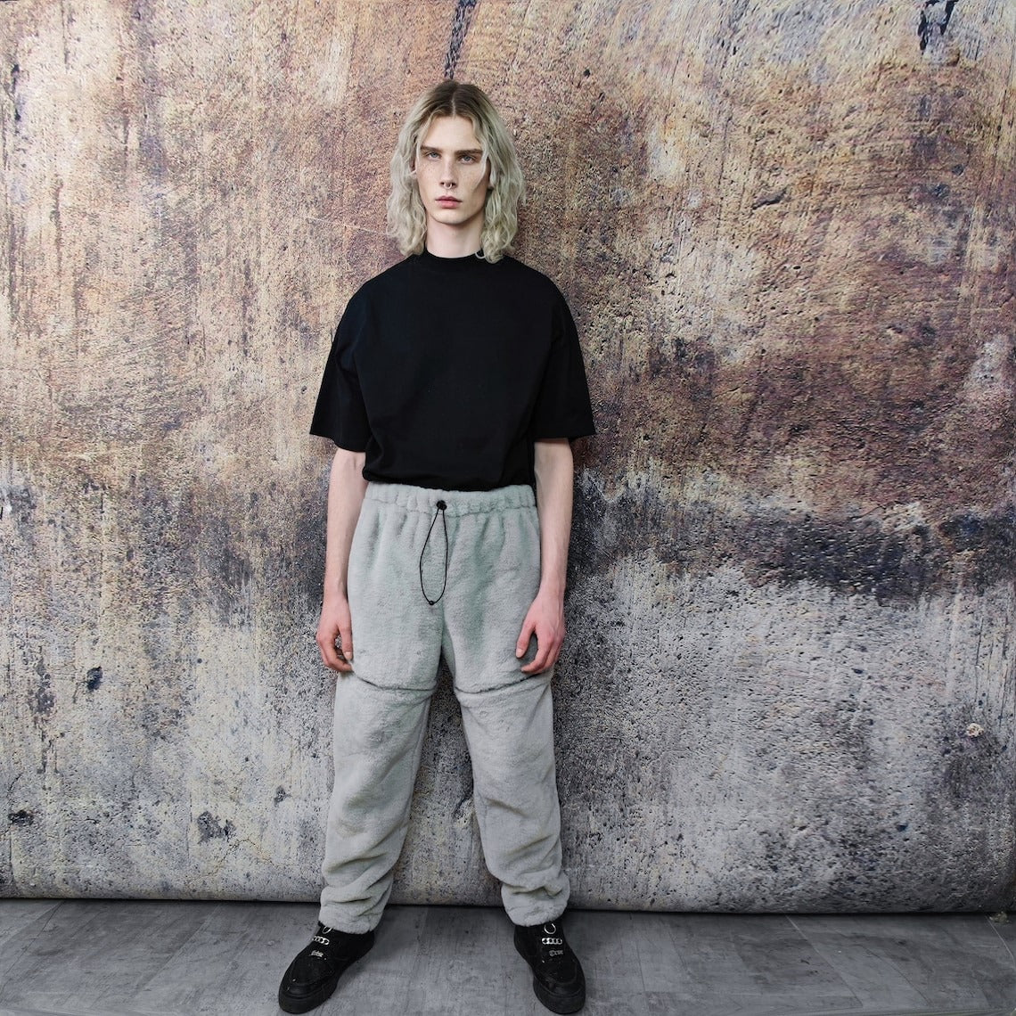 Grey soft fleece joggers luminous detachable pants handmade shiny faux fur raver shorts premium festival overalls in electric light gray