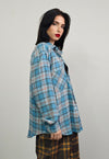 Plaid rocker shirt blue check band print blouse grunge top