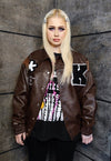 Retro varsity jacket faux leather punk MA-1 bomber in brown