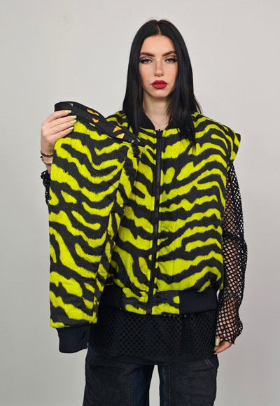 Striped varsity jacket black animal print reversible bomber