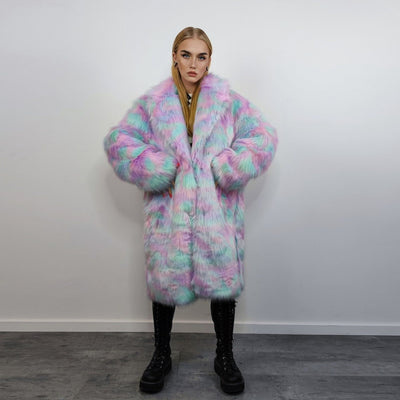 Candy faux fur long coat unicorn trench neon raver bomber fluffy tie-dye fleece psychedelic festival jacket burning man going out coat pink