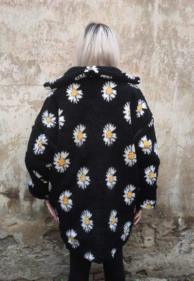 Floral fleece jacket handmade daisy trench coat in black