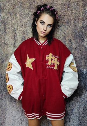 Emoji patch varsity jacket college baseball bomber in red