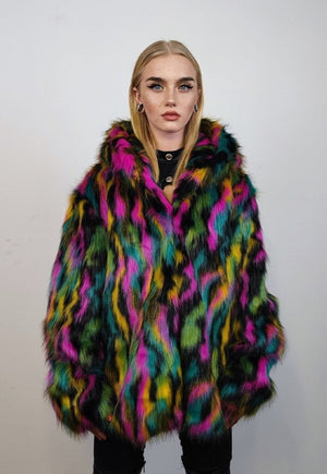 Hooded faux fur stripe neon jacket festival bomber rave coat