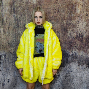 Faux fur luxury jacket handmade premium fleece jacket fluffy hooded lemon coat festival bomber tie-dye puffer in fluorescent yellow white