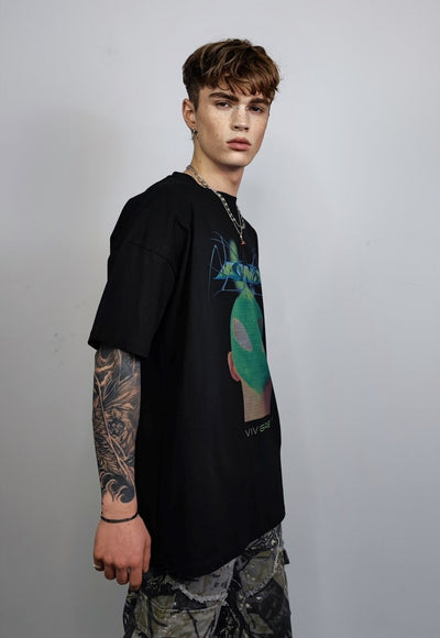 Raver print t-shirt techno tee futuristic cyber top in black