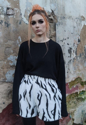 Zebra fleece shorts handmade stripe crop Goth overalls white