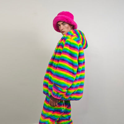 Striped rainbow fleece jacket psychedelic hood festival glitch rave bomber carnival overcoat LGBT jumper gay pride pullover burning man top