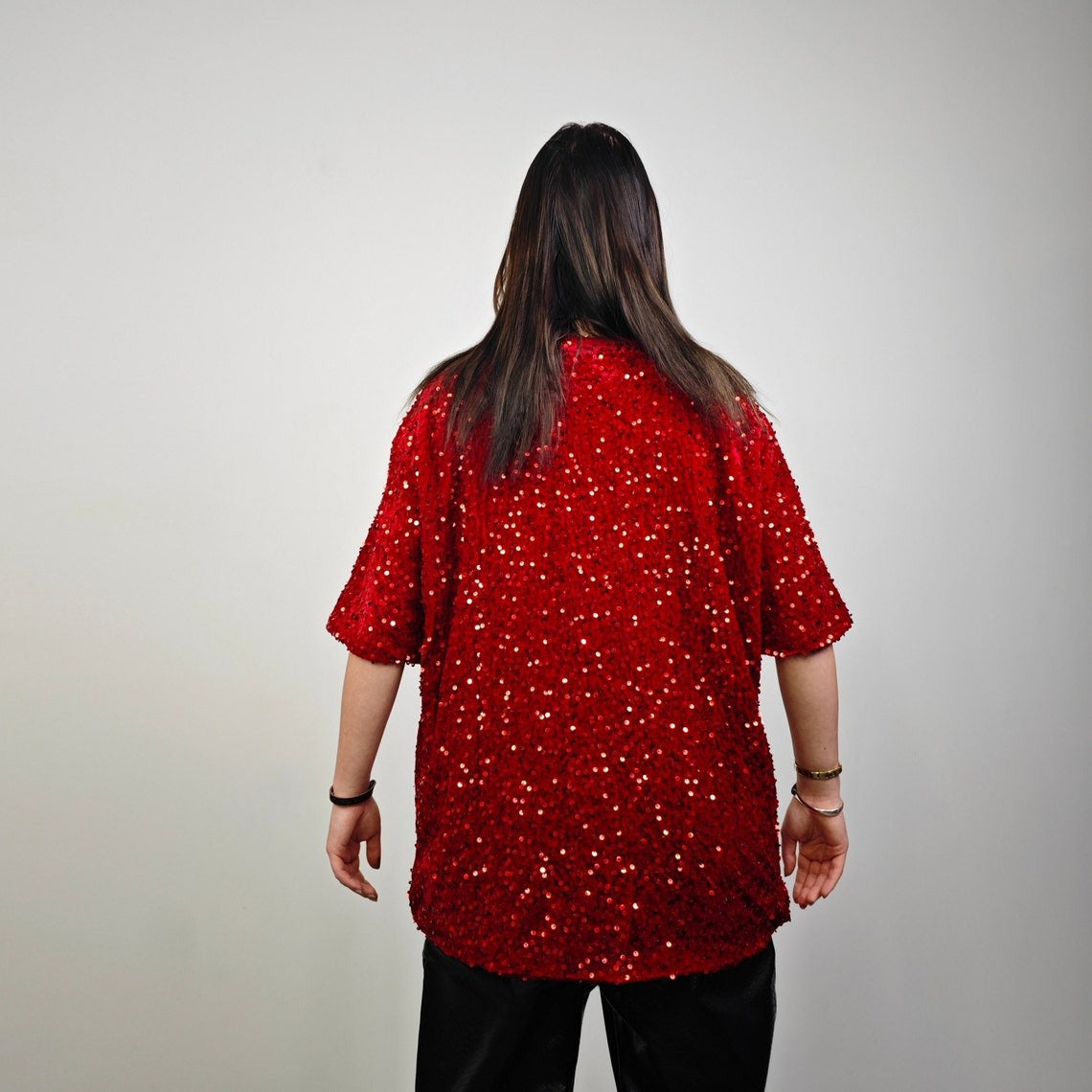 Red sequin embellished top luxury embroidered t-shirt geometric pattern tee shiny luminous going out fancy dress jumper party pullover