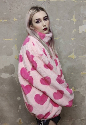 Heart fleece bomber handmade fluf love jacket in pastel pink