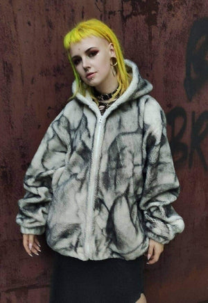 Rough bleach fleece hoodie washed out fake fur jacket grey