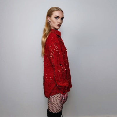 Sequin embellished shirt long sleeve glitter blouse shiny fancy dress top going out sweatshirt boho sparkly jumper in red