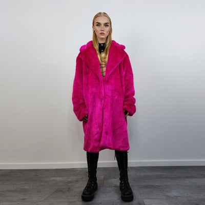 Neon faux fur longline coat shaggy trench bright raver bomber fluffy winter fleece festival jacket burning man coat in fuchsia pink