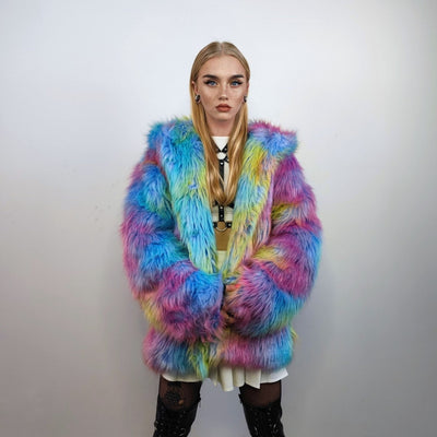 Hooded rainbow faux fur jacket unicorn bomber neon raver puffer fluffy tie-dye fleece psychedelic festival coat burning man going out trench