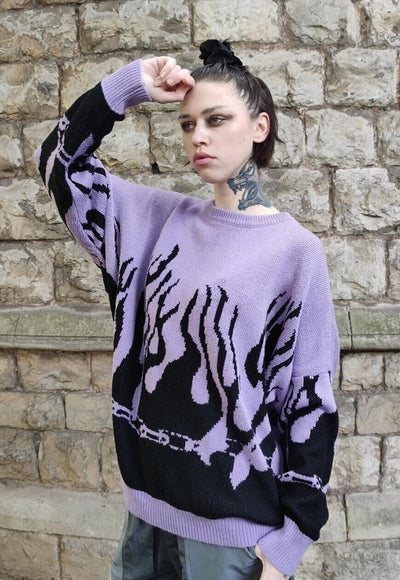 Flame knitted sweater purple fire box fit knitwear jumper