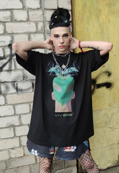 Futuristic raver tee Alien skinhead print t-shirt in black